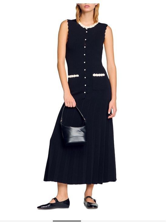 Sandro Dresses & Skirts - SANDRO Scalloped-Trim Knitted Black & White Floral Detail Maxi Dress Size 34